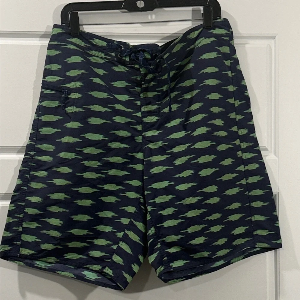 Patagonia Wavefarer Swim Trunk Board Short Blue Green Button Tie Waist Pocket 34